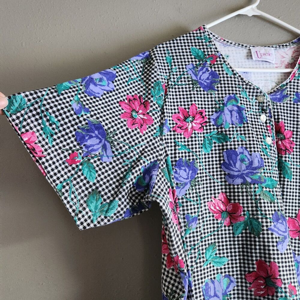 XXL Vintage Upscale Floral Gingham Button Front Women’s Short Sleeve Cottagecore